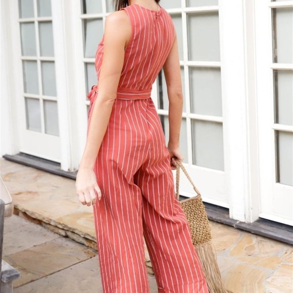Rust Striped V-Neck Self-Tie Belt Flare Hem Wide Leg Jumpsuit - Picture 5 of 5